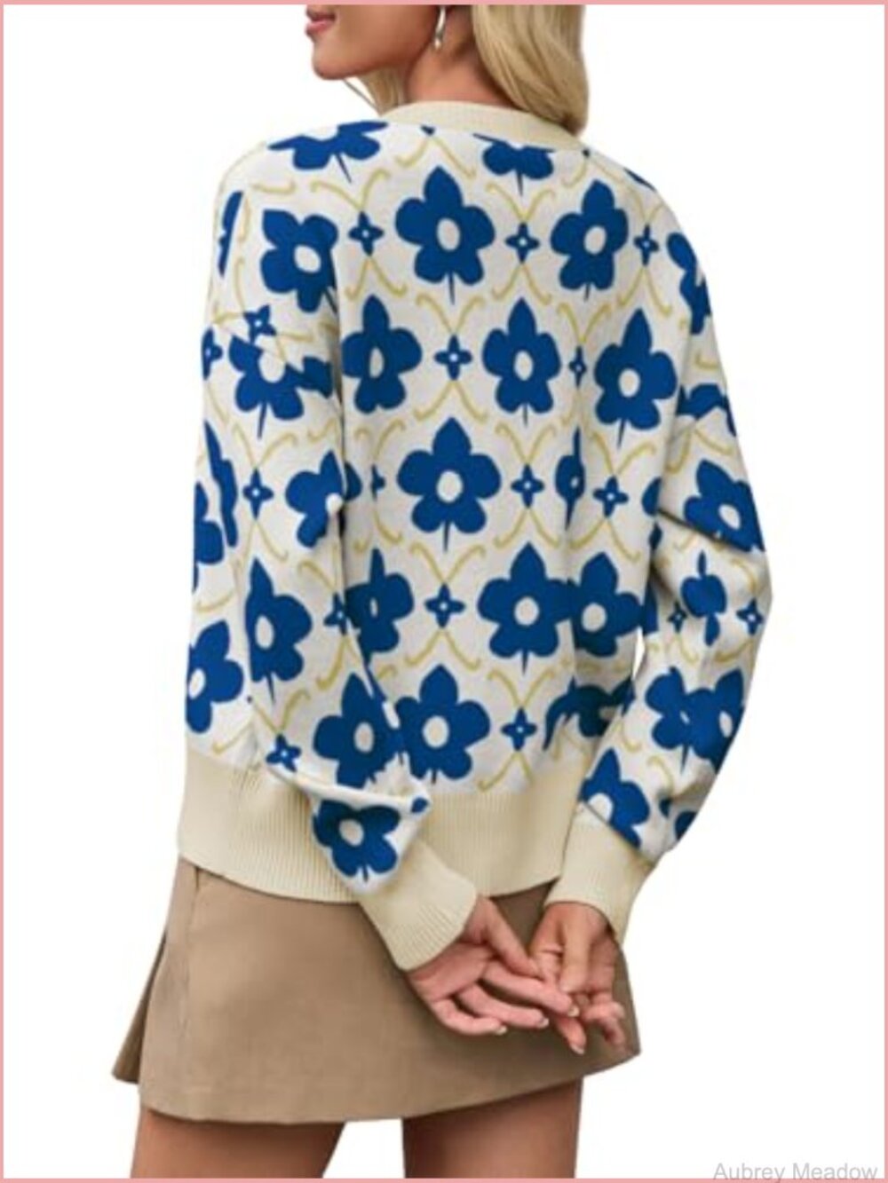 Floral Cardigan Sweater Long Sleeve Open Front Button Down Knit Retro Coat - Picture 5 of 7